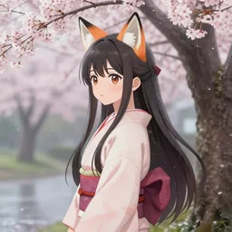 an anime art of a cute girl with fox ears wearing kimono at a sakura tree by krenz cushart, side shot, rainy day, 8 k resolution, high quality, highly detailed, long hair, illustration, trending on artstation
