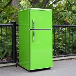 green refrigerator on a leash in central park