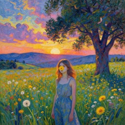girl with dandelion face, surreal photography, dream, standing in flower field, hills, big trees, sunrise dramatic light, impressionist painting, colorful clouds, digital painting, pointillism, artstation, simon stalenhag