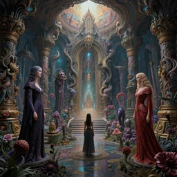 a psychedelic realm at the edge of all known time in the style of h. r. giger, zdzislaw beksinski and greg rutkowski and amanda sage, lush, sumptuous, exquisite, elegant, elaborate, rich, ray traced, global illumination, artstation, in frame