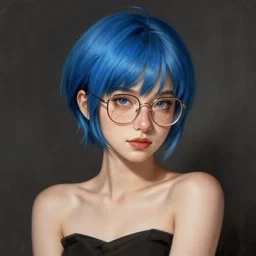 full body portrait of cute young woman with blue pixie cut and glasses, digital illustration, freckles, confident, goddess, elegant, smooth, sharp focus