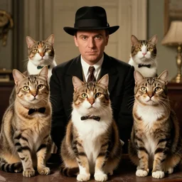 1930's gangster movie starring cats as the gangsters; film noir style; photorealistic cats,