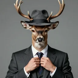 a upper body portrait of a deer in a pinstriped suit and pants wearing a fedora with the antlers sticking out of the fedora by artgerm and wlop, human hands adjusting the tie, intricate detail, digital art, photorealistic, trending on artstation