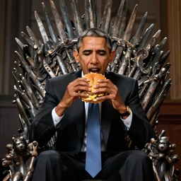 barrack obama eating a cheese burger sitting on the iron throne, highly detailed, perfect lighting, perfect composition, 8 k, artgerm, derek zabrocki, greg rutkowski
