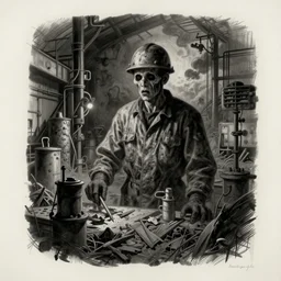 asset sheet, material study ( caricature ) factory worker ( mark ryden, hildebrandt ) spooky or foreboding