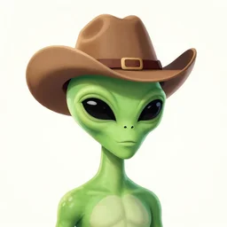 a classic green alien wearing a cowboy hat, concept art.