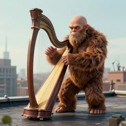 old bald midget bigfoot playing harph on the rooftop, ultra detailed, trending on artstation, concept art, octane render, unreal engine,