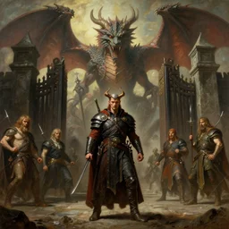 a demon hunter stands in front of the gates to hell guarded by a huge dragon, painting by gaston bussiere, craig mullins, j. c. leyendecker, 4 k, 8 k, trending on artstation, artstationhd, artstationhq, highest detail