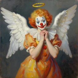 a beautiful painting of an angel of clown, by peter mohrbacher trending on artstation