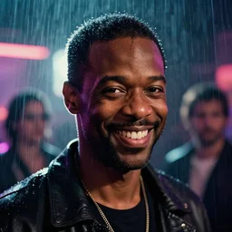 closeup headshot of chris rock smiling in the rain, bladerunner, backlit, night club, futurepunk, gta v, pinup, nagel, arney freytag, dark moody, cinematic, greg rutkowski, octane!