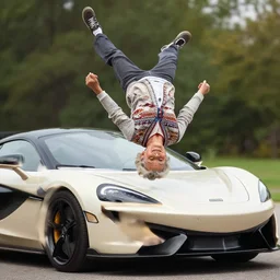 a smiling lovely cute granny doing a backflip over a sports car. dslr
