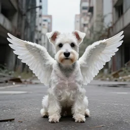 a white schnauzer dog with spreaded wings sitting on the street of an abandoned dystopic city, hyprrealism, 5 5 mm photo