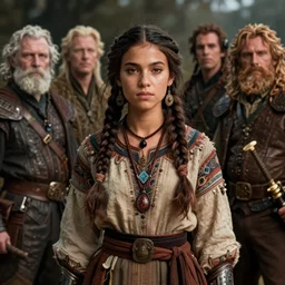 detailed ultrarealistic photography front medium shot of fantasy ethnic rustic girl warrior leyendecker, norman rockwell, greg rutkowski, ian miller, jim henson artstation cinematic, vray game of thrones, lord of the rings