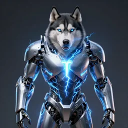 tesla power armor realistic cyborg anthropomorphic husky electric field glowing, cyberpunk, portrait art by donato giancola and greg rutkowski, realistic face, glowing in tesla electricity visible magnetic field, digital art, trending on artstation, symmetry