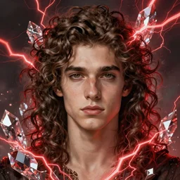 Portrait of a young man with messy long curly brown hair surrounded by red lightning and morphing into crystals, face, fantasy, intricate, elegant, highly detailed, digital painting, artstation, concept art, smooth, sharp focus, illustration, art by Fernanda Suarez and Artem Demura and alphonse mucha