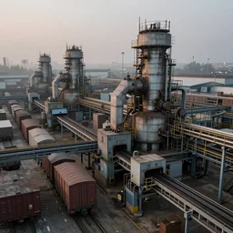 photorealistic image of endless industrial factories, conveyor belts, industrial furnaces, cargo trains, heavy machinery. dusk. fog. gritty. 8K. detailed. technical. artstation. 25mm f/1.7 ASPH Lens. ultra realistic