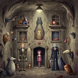 underground house with unusual animals. digital drawing by wes anderson, jean pierre jeunet, tim burton, tomm moore. high detailed.