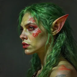 an portrait of an female orc, green hair, red face tattoo, side profile, digital painting, artstation, concept art, donato giancola, Joseph Christian Leyendecker, WLOP, Boris Vallejo, Breathtaking, 8k resolution, extremely detailed, beautiful, establishing shot, artistic, hyperrealistic, octane render, cinematic lighting, dramatic lighting, masterpiece, light brazen, extremely detailed and beautiful face