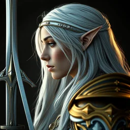 a detailed portrait profile view of a woman elf with white small headband with diamonds and armor in golden and silver colors and a curve long sword, pointy small ears, full body, white long hair, detailed face, epic masterpiece of cinematographic hyperrealism, realistic shaded lighting poster by craig mallismo, artgerm, jeremy lipkin and michael garmash, unreal engine, radiant light,