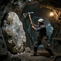 a miner in the depths of a mineshaft swinging his pickaxe at a giant crystalline ore, the mineshaft is lit by hanging lanterns, the mine is dark, highly detailed, extremely high quality, hd, 4 k, 8 k, professional photographer, 4 0 mp, lifelike, top - rated, award winning, realistic, detailed lighting, detailed shadows, sharp, no blur, edited