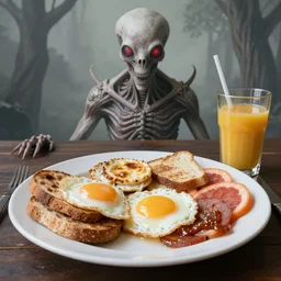 a classic American breakfast in the style of HR Giger