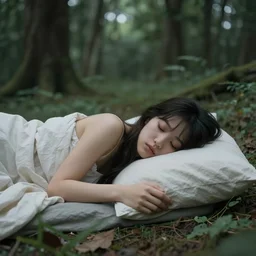 girl waking up in the middle of a forest