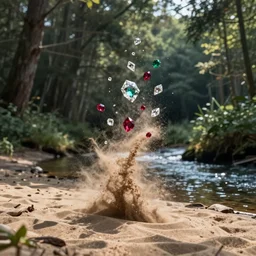 The sand that was thrown into the air looked like diamonds, rubies, emeralds floating in mid air, beautiful digital artwork, cinematic, featured on artstation, sg society, behance hd painterly, forest, riverbank