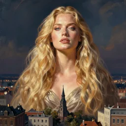 a beautiful giant woman over a city, blonde, long hair, by mandy jurgens