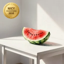 watercolor painting of watermelon, bright, white table, white walls