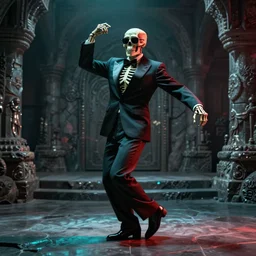 a skeleton in sunglasses and an elegant suit dancing, digital art, teal and red color palette, gray dungeon background, very realistic, artstation