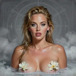 hyper realistic portrait painting of jenna jameson facing camera ( glistening, vixen, alluring, carnal ) wet, milk dripping, flowers, clouds, nature, by saturno butto, boris vallejo, austin osman spare and david kassan, by bussiere. occult art, occult diagram, grey, sensual color scheme