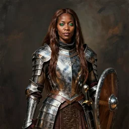 arabella mistsplitter, female aasimar soldier in her fifties, long straight brown hair, green eyes, african, ethiopian, short height, regular build, magnificent oval face, polished steel armor, shortsword, wooden shield a female dnd fighter's portrait by brian patterson and rhads