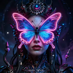 a portrait of a beautiful woman with a neon butterfly covering her face head, cult secret society art by james paick, and shaddy safadi, ominous, cosmic horror, trending on artstation, ultra detailed, hyper realistic 4 k, octane, cinema 4 d, c 4 d beeple render