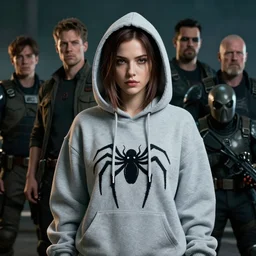 A portrait of a female spider wearing a cute hoody by Greg Rutkowski, Sung Choi, Mitchell Mohrhauser, Maciej Kuciara, Johnson Ting, Maxim Verehin, Peter Konig, Resident evil , 8k photorealistic, cinematic lighting, HD, high details, dramatic, atmospheric , trending on artstation