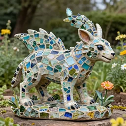 mosaic sculpture of a alebrije chimera!!!, irregularly shaped mosaic tiles, recycled glass, in the style of folk art, in a cottagecore flower garden