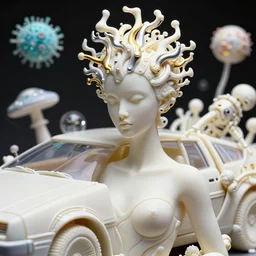 hyper detailed ultra sharp portrait of a beautiful well contoured porcelain ivory smooth fair delorean car model, up close shot, sharp focus, global illumination, radiant light, biomechanical white silver gold rhizomorphs headdress, cyberpunk brackets, laser cut paper microbes, bubble mushrooms, puffballs, alexandre ferra white mecha, irakli nadar, alexander mcqueen, octane highly render, 4 k, ultra hd,