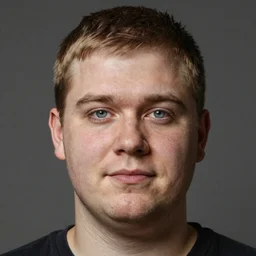 tall chunky man in his twenties with brown blond short regular haircut and round facial structure with cleft chin, straight eyebrows, big light blue eyes, with a little smile, cheekbones, straight nose, wider face, shadow of beard, atmospheric lighting, painted, intricate, 4 k, highly detailed by charlie bowater