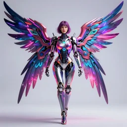 Cyborg Woman, full-body shot of a woman with large mechanical wings, neon art style, futuristic art style, digital art, 8k quality, by Leo Avero and Eva Balloon, award-winning art