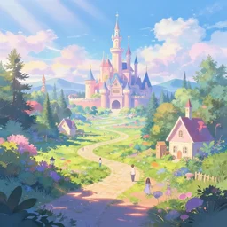 fairytale valley landscape wonderland crossroad beauty pastel vibrant digital matte cyberAquarium artstation, cgsociety, 8k  behance hd by Jesper Ejsing, by RHADS, Makoto Shinkai and Lois van baarle, ilya kuvshinov, rossdraws global illumination radiating a glowing aura  rays of sunlight