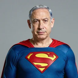 photo of superman with the face of benjamin netanyahu, benjamin netanyahu as superman, bibi netanyahu dressed as superman, professional photography, studio lighting