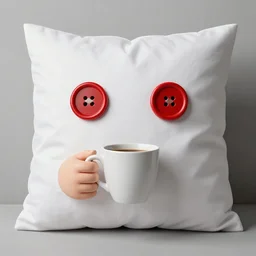 white pillow with hands and with two red button eyes holding a coffee cup in its hand