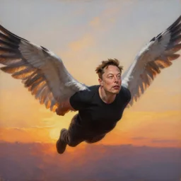 elon musk with wings, flapping its wings flying in sunset sky, oil on canvas, portrait, intricate, 8k highly professionally detailed, HDR, CGsociety