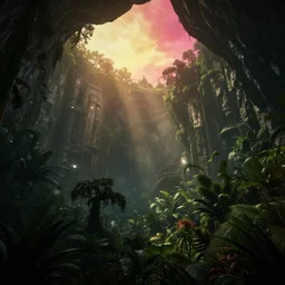 a beautiful render of a dark prehistoric rainforest in a humongous cave, lush flora, patches of yellowish - red - magenta sky, sunset lighting, military!! industrial!! facility!!, intricate detail, hazy, humid, volumetric lighting, god rays, 8 k, photorealistic, raytracing effects, unreal engine 5