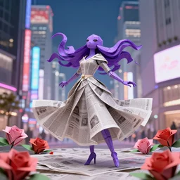 downtown tokyo made out of newspaper and neon lights, beautiful anthropomorphic purple squid woman wearing a flowing paper dress and posing, paper origami, many origami roses, city background, heavenly light, 3 d, very detailed, octane render, trending artstation, artgem