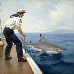 a sailor spotting the tip of a shark’s fin over the side of the boat. By Ilya Repin and Geoffroy Thoorens.