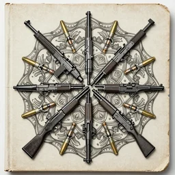 symmetrical mandala pattern of machine guns, shotguns, rifles, revolvers, bullets, styled as a tattered paperback cover, ultra-realistic, intricate fluid details,