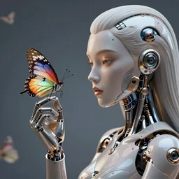 Mechanical female android looking at a butterfly, cinematic lighting, intricate, elegant, super highly detailed, art station, concept art, smooth, sharp focus, no blur, no dof, extreme illustration, Unreal Engine 5, Photorealism, HD quality, 8k resolution, cinema 4d, 3D, beautiful, delicate, art by artgerm and greg rutkowski and alphonse mucha and loish and WLOP