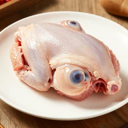 A piece of chicken with raw pork eyes