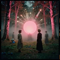 kodak portra 4 0 0, wetplate, pink glowing neon sphere in a forest, pink illuminated trees, muted colours, blueberry, 1 9 3 0 s style, motion blur, portrait photo of a backdrop, explosions, rockets, bombs, sparkling, haze, fog, by georges melies and by britt marling