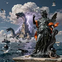 portrait, oceanic naval battles, architectural, colossal, lightning, krakens, cannonballs, war, seagulls, famine, death, wide angle, puffy clouds, skies behind, stars in sky, italian masterpiece, Ashford Black Marble, sculpture, baroque, draped with water and spines, drapes, ocher details, still life, Obsidian, portrait, worms, render, artstation, ultra detailed